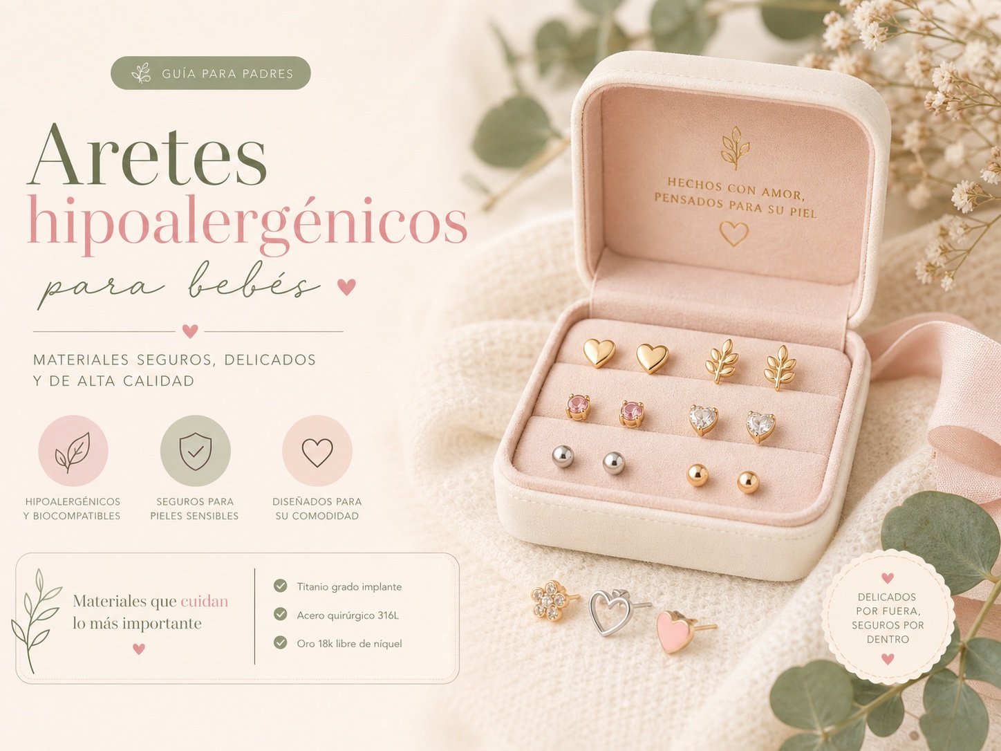 Portada ilustrada sobre aretes hipoalergénicos para bebés