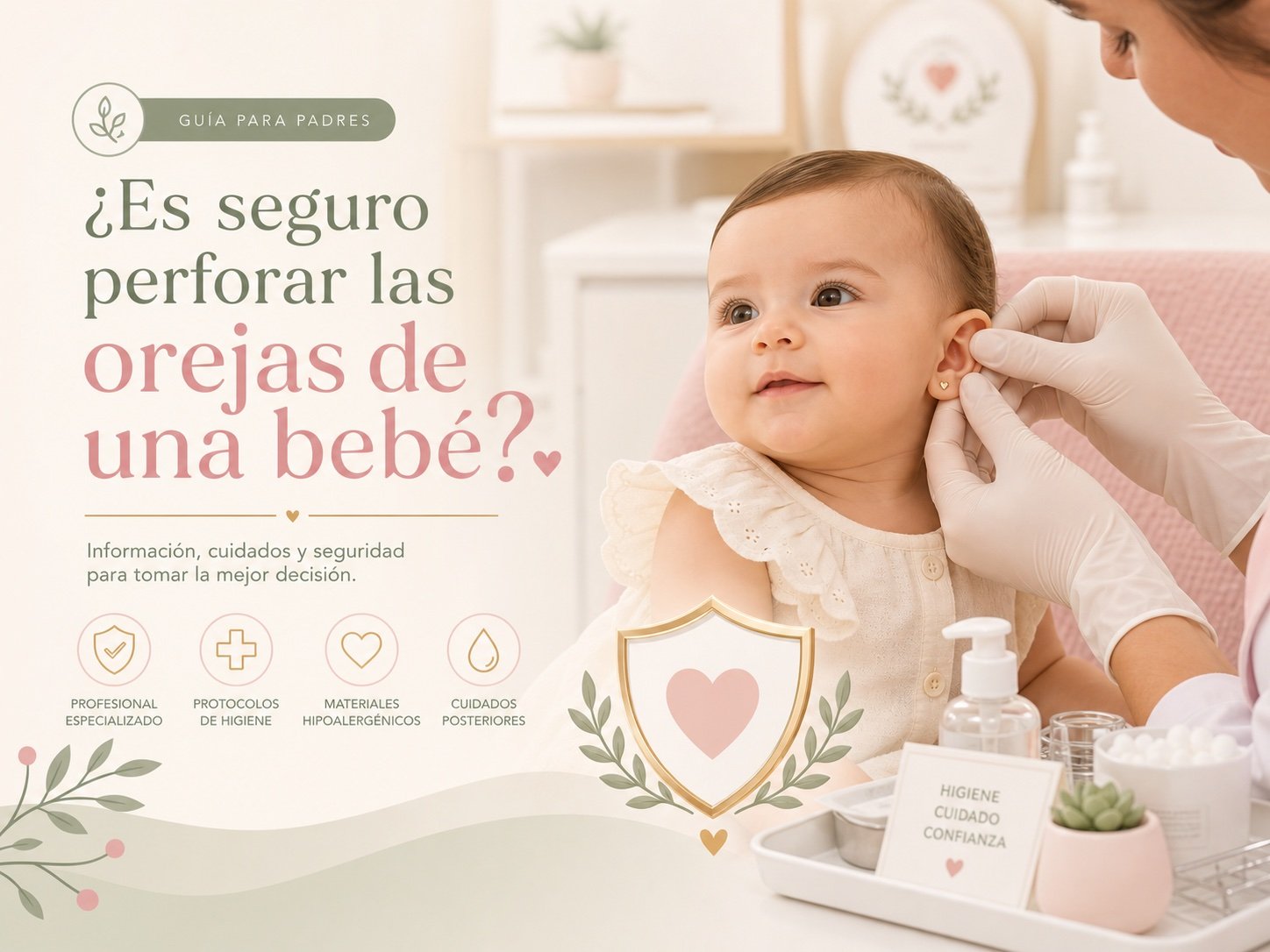 Portada ilustrada sobre seguridad al perforar las orejas de una bebé